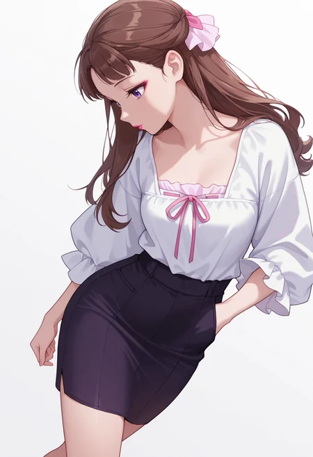Smooth Quality,masterpiece,very intricate, high quality details, ultra realistic, high detailed skin,detailed enviorement,absurdres,
partially undressed, 
 <lora:Lishu_CNR:0.8> lishu_cnr,brown hair, long hair, purple eyes, makeup, lipstick,, simple background, white background, sideways,
walking pose, one hand in pocket, head slightly turned, casual stride,,guilt,, lantern sleeve blouse,  ,peacoat,  ,pencil skirt, ,