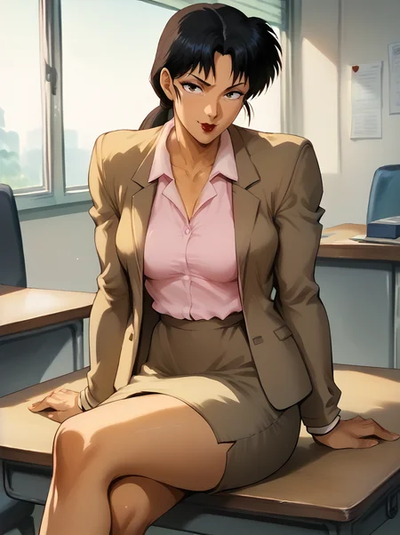 <lora:setsuko_-_ogre_slayer_pony_v1:0.8>, <lora:takeda_hiromitsu_style_pdxl_v2_goofy:0.3>, <lora:cutesexyrobutts_style_pdxl_v3:0.3>, <lora:PONYXL_LewisArt_ownwaifu:0.3>, s3tsukohum4n, 1girl, sitting, seated on desk, medium breasts, sexy pose, seductive smile, looking at viewer, tan blazer, pink shirt, ponytail, tan skirt, black high heels, cowboy shot, red lips, makeup, sexy pose, medium breasts, BREAK, 0ff1c3, desk, indoors, office interior, windows, <lora:Office_Interior_PNY:0.4>, score_9, score_8_up, score_7_up, score_6_up, score_5_up, score_4_up,