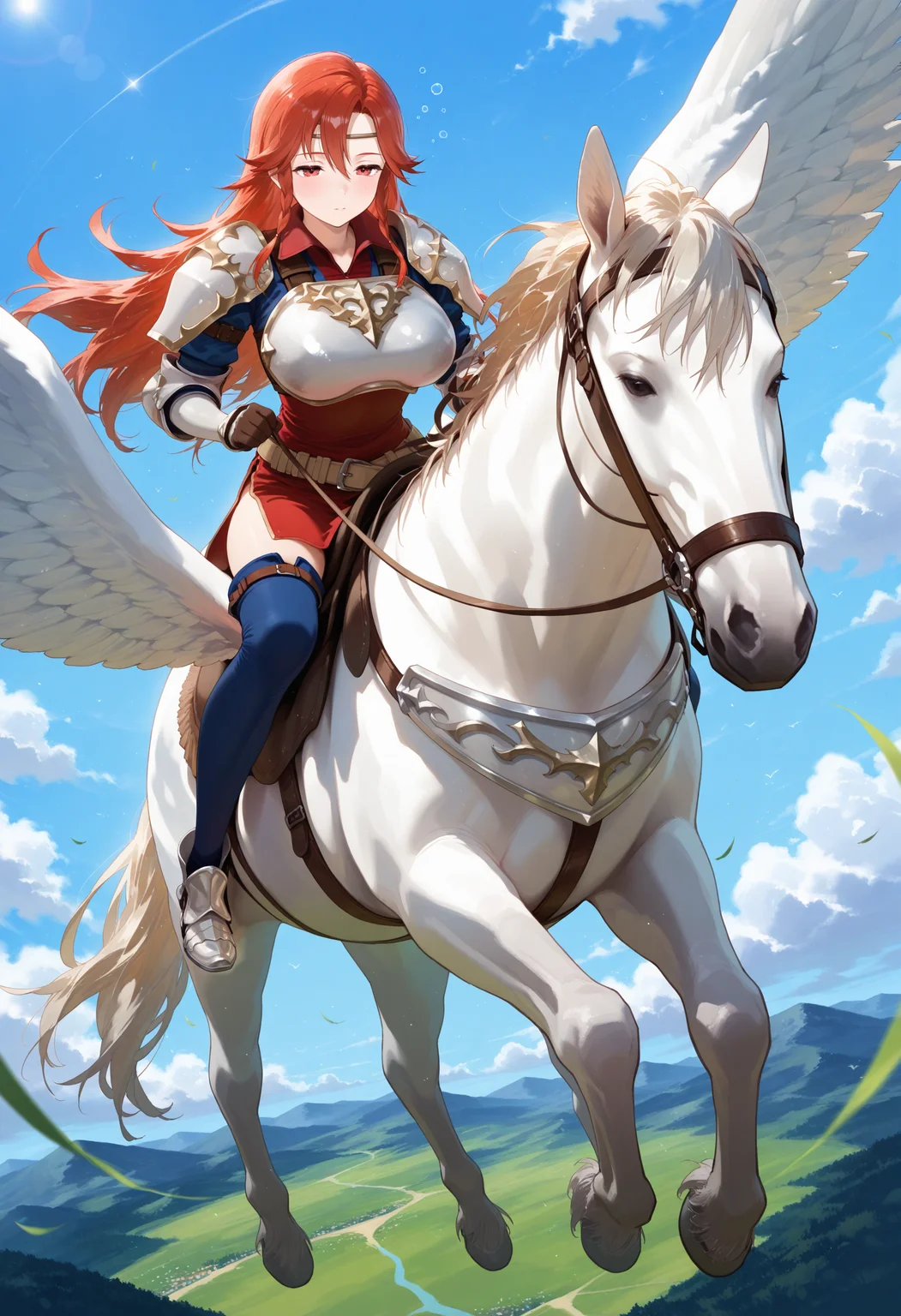 SmoothNoob_Quality,masterpiece,sky,flying,full body,1girl,solo,large breasts,pegasus knight,horseback riding,pegasus,shoulder armor,breastplate,pegasus knight uniform \(fire emblem\),thighhighs,gloves,armored boots,<lora:pegasus knight-NAI:1>,sleepy,<lora:NOOB_vp1_detailer_by_volnovik_v1:1>,