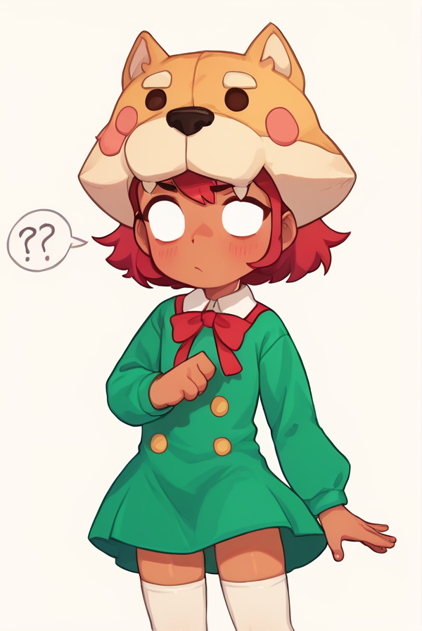 score_9, score_8_up, score_7_up,  <lora:shinita:1> shinita  , 1 girl , dark-skinned female,  red hair,  no pupils,  green dress, long sleeves, white thighhighs,   red ribbon,  ,dog headwear  , confused,  <lora:PossumMachine:1>posmach