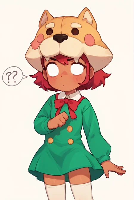 score_9, score_8_up, score_7_up, <lora:shinita:1> shinita , 1 girl , dark-skinned female, red hair, no pupils, green dress, long sleeves, white thighhighs, red ribbon, ,dog headwear , confused, <lora:PossumMachine:1>posmach
