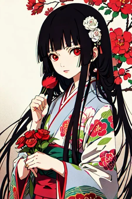 enma ai, hair down, hair black, bangs, eyes red, masterpiece, best quality, ultra-detailed, illustration, 1girl, solo, highres, photorealistic, ultra high res, (Original illustration composition), (fusion of limited color,Maximalism artstyle, kimono obi fashion, double exposure, background, illustration, Amazing, lily spider, night darkness, open one's mouth, middle finger show, bouquet flowers red, low twintails, (polychromatic peony:1.15), Movie poster,