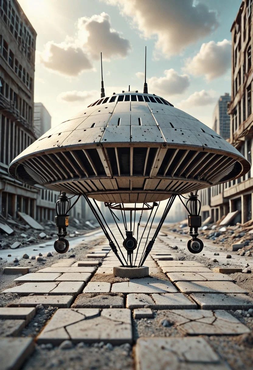 YFG-Sm0rg, Futuristic YFG-R1gs, Ultra high resolution, masterpiece, best quality, small featureless angular glossy black spacecraft with a heavily textured surface hovering low to the ground, underneath the spacecraft are cables hoses and wires, antennas on top, cables hanging from below, rectangular in shape, futuristic world, post apocalyptic landscape, ((low concrete buildings:1.3)) anti gravity, in the atmosphere, sky, clouds, ground visible, hovering, dry, ((dusty)), bleak landscape, parched, bright noon sunlight, square shapes, bleached colors, destroyed industrial buildings, powerlines and towers.