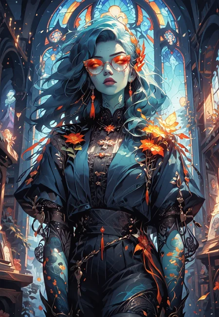 ((zPDXL3)), (score_9), (score_8_up, score_7_up), knva, L0LSPL4SH, year2024, year2023, West Studio, sixmorevodka, g0thicPXL, glowing, neon, HD Eyes, masterpiece, best quality, highly detailed, intricate details, extremely detailed, smooth lines, masterpiece, no text, quality highlights, 8k detail, detailed background, pastel colors, high contrast,expressiveh
BREAK,
Character: 1woman, solo, AirGenasi, pointed ears, wind, tousled hair, tattoos, blue skin, colored skin,
Clothing: Dark-Blue Coat, Dark-Red Lapel, Jodhpur pants, boots, round eyeglasses, brass ear cuff,
Background: library, stained-glass window, prismatic lighting, colourful, bioluminescent, detailed background, artistic and intricate background
...
<lora:detail-tweaker-XL:2>,