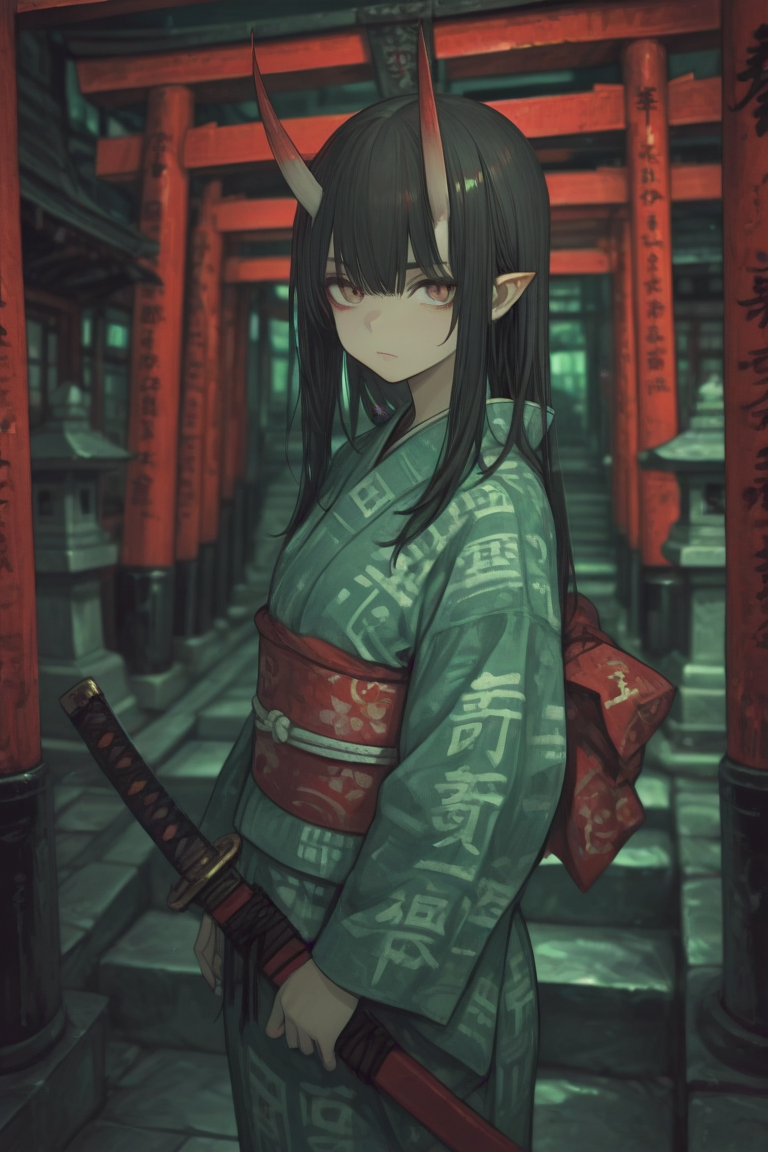 <lora:LCMV2-PONYplus-PAseer:1>
 <lora:Nightmare_Katana_IL:0.8>
(off center:1.3), (green theme:1.4), 
1girl, bangs, black hair, blurry, blurry background, building, caution tape, city, closed mouth, east asian architecture, holding, holding weapon, japanese armor, japanese clothes, katana, kimono, long hair, long sleeves, looking at viewer, multiple swords, multiple torii, obi, oni, outdoors, pointy ears, red background, red eyes, red moon, red theme, sash, scabbard, sheath, sheathed, shrine, solo, stairs, standing, sword, torii, weapon, yellow eyes