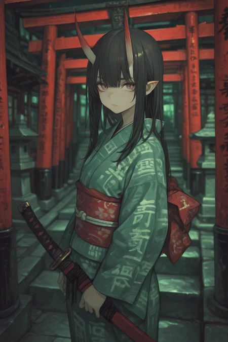 <lora:LCMV2-PONYplus-PAseer:1>
 <lora:Nightmare_Katana_IL:0.8>
(off center:1.3), (green theme:1.4), 
1girl, bangs, black hair, blurry, blurry background, building, caution tape, city, closed mouth, east asian architecture, holding, holding weapon, japanese armor, japanese clothes, katana, kimono, long hair, long sleeves, looking at viewer, multiple swords, multiple torii, obi, oni, outdoors, pointy ears, red background, red eyes, red moon, red theme, sash, scabbard, sheath, sheathed, shrine, solo, stairs, standing, sword, torii, weapon, yellow eyes