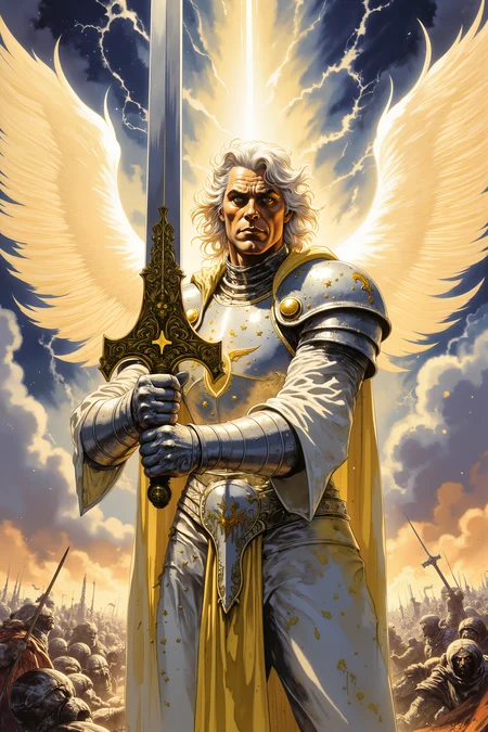 A celestial knight, his radiant white armor glowing with a soft, golden light, stands poised with a massive, gleaming greatsword held aloft. His bronze skin glistens beneath the divine aura surrounding him, while his long, platinum-blond hair flows gently in an unseen breeze. His deep, sapphire eyes are filled with unshakable determination, and his wingsâmajestic and featheredâspread wide behind him, shimmering with divine energy. The intricate designs on his armor pulse faintly, each rune glowing in sync with his heartbeat as his grip tightens around the hilt of his sword. His gauntleted fingers tremble slightly, but his face remains calm, a beacon of resolve against the chaos unfolding around him. Behind him, a battlefield stretches into the distance, filled with shadowy creatures writhing in the light of his presence. The sky above is split by beams of celestial light piercing through dark, swirling clouds. His sword, glowing with pure energy, reflects the light, creating a halo effect around his head. His expression is a mixture of grace and power, standing as the last line between darkness and salvation. <lora:Vintage comic book:1.5>