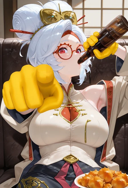 masterpiece, best quality, newest, absurdres, highres, 1girl, sitting, holding bottle, on couch, drinking, looking at viewer, food,
<lora:ManWatchingTVMeme_illusXLNoobAI_Incrs_v1-000012:1>, <lora:Laughing at you [IL]:1> laughing_at_you, open mouth, pointing at viewer, yellow glove, mocking <lora:purah-illu-nvwls-v1:1> pur4h, white hair, red eyes, hair bun, large breasts, hair ornament, red headband, red glasses, sleeveless shirt, beige shirt, beige jacket, red trim, open jacket, black skirt, middle finger,