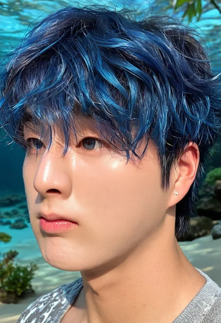 <lora:AsianGuy:1>, AsianGuy, (nodaeng:1.5),  masterpiece, ultra-HD, cinematic lighting, photorealistic, (impressionism:1.5), high detail, depth of field, (blurred background), (dramatic lighting),masterpiece, best quality, very aesthetic,8k,masterpiece, best quality, realistic, masterpiece, best quality, 8k, short hair, asian boy, handsome man, ecstasy on face, looking at viewer,, 1boy, merman, swimming, underwater cave, short hair, gradient hair,  wavy hair, earrings, strings of beads, beautiful ocean plants, blue eyes, (calico pattern:0.8), masterpiece, highest quality, absurdres, digital art, very detailed, 8k, best quality, high resolution