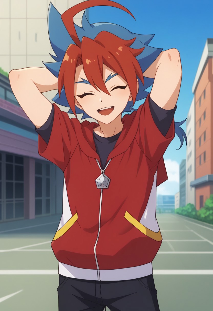 score_9, score_8_up, score_7_up, source_anime, highly detailed, 
yugamikado, male focus, 1boy, gloves, solo, blue hair, ahoge, ponytail, red hair, multicolored hair, two-tone hair, smile, pants, black pants, spiked hair, hoodie, red hoodie, hood, zipper pull tab, bangs, closed eyes, looking at viewer, standing, short sleeves, shirt, black shirt, upper body, smile, open mouth, portrait,, hands behind head,
outdoor, street, building, sky,