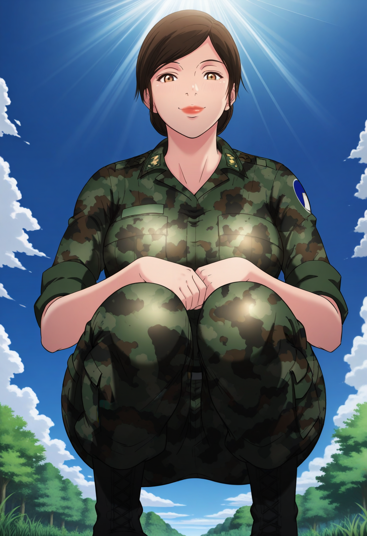 masterpiece,best quality,good quality, <lora:SHJ_Sodaejang:1>, SHJ_Sodaejang, 1girl, brown eyes, brown hair, low bun, lipstick, breasts,
camouflage, military uniform, sleeves rolled up, black boots,
squatting, looking at viewer, smile, from below, 
BREAK nature, blue sky, sunlight, sunbeam, light rays,