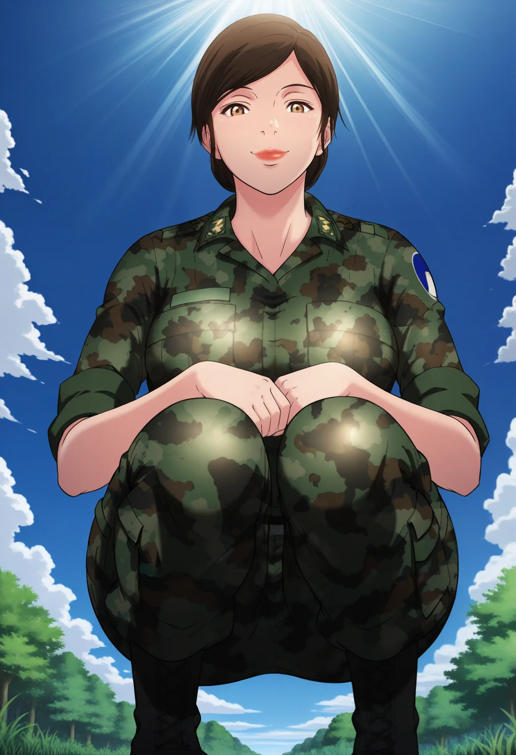 masterpiece,best quality,good quality, <lora:SHJ_Sodaejang:1>, SHJ_Sodaejang, 1girl, brown eyes, brown hair, low bun, lipstick, breasts,
camouflage, military uniform, sleeves rolled up, black boots,
squatting, looking at viewer, smile, from below, 
BREAK nature, blue sky, sunlight, sunbeam, light rays,