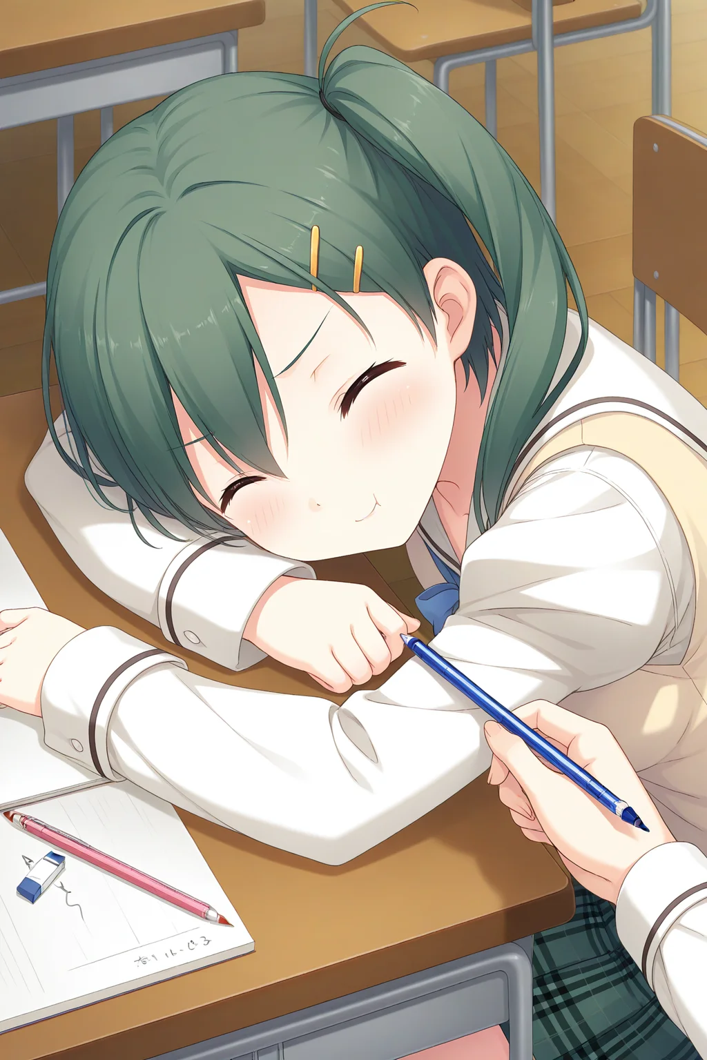 masterpiece, best quality, absurdres, official art, official style, rating general BREAK <lora:enomotokaho_IL_v1-1:0.7>, enomoto kaho, 1girl, solo, yellow eyes, brown eyes, green hair, short hair, hairclip, hair between eyes, side ponytail, small breasts, serafuku, white sailor collar, blue bowtie, white shirt, juliet sleeves, yellow sweater vest, green skirt, miniskirt, plaid skirt, pleated skirt, smile, closed eyes, school desk, blush, solo focus, pencil, sitting, :t, eraser, classroom, chair, pout, pov, mechanical pencil, sleeping, indoors, drawing, notebook, writing, 1boy, fox ears, close-up, leaning forward, holding pencil, wince, face down on desk, pencil poke, gentle nudge, pov hands