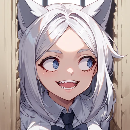 score_9, score_8_up, score_7_up, best quality, masterpiece, source_anime, zPDXL2, BREAK , theshining, open mouth, smile, teeth, looking away, cerberus_\(helltaker\) <lora:The_shining_meme:1.3>