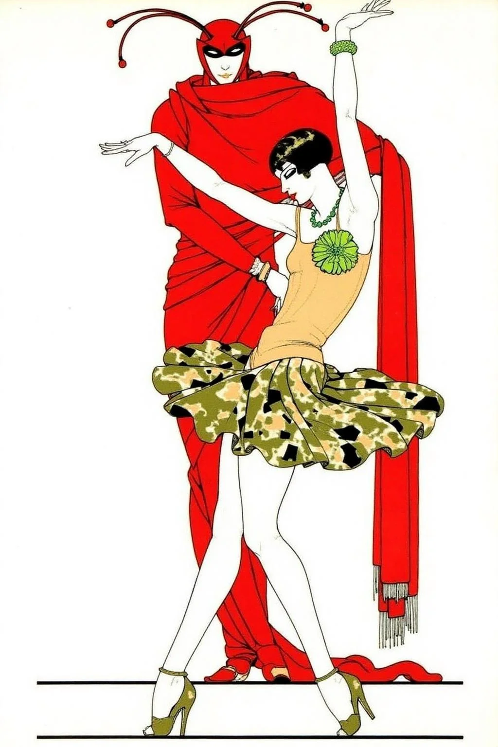 ernestogarciacabral1 illustration. 
A woman, shown in side profile, in a geometric-patterned skirt and sleeveless top, wears a green beaded necklace and a large green flower on her chest. She poses with one leg extended and arms raised. Behind her, a figure in a red garment stands, wearing a headpiece with two antennas. <lora:ernestogarciacabral1_cap_d6a3:1.0><lora:849839365889755914:0>