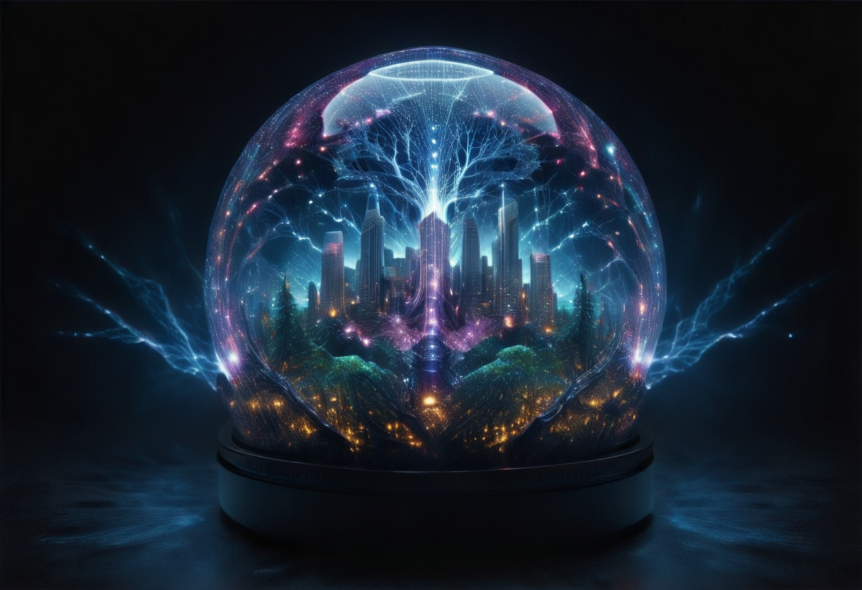 realistic, RAW photo, high quality, Stable_Yogis_PDXL_Positives, high altitude photo of a huge <lora:FUTURE_SKYLINE_BY_STX:0.1>, made of <lora:World_of_Glass_Filament:0.0> made of tiny neon glass filaments, w0gf1l,<lora:mo:0.1> made of crystals, in <lora:Dark_Aura_XL_-_Filled_with_miasma:0.4> dark aura,<lora:Underlighting Underlight light from below style:1.0> Underlighting Underlight light from below style, perfect light from below style, <lora:CW_03beta_xlc:0.5> lupan, hologram trees vast city with Tesla tower with electric sparks and lightning,some clouds,glass dome, in <lora:Trippy_Reality_SDXL:0.2>, featuring <lora:Neon_Cyberpunk_SDXL:0.7> cyberbody,