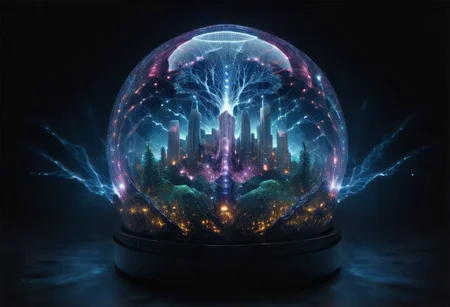 realistic, RAW photo, high quality, Stable_Yogis_PDXL_Positives, high altitude photo of a huge <lora:FUTURE_SKYLINE_BY_STX:0.1>, made of <lora:World_of_Glass_Filament:0.0> made of tiny neon glass filaments, w0gf1l,<lora:mo:0.1> made of crystals, in <lora:Dark_Aura_XL_-_Filled_with_miasma:0.4> dark aura,<lora:Underlighting Underlight light from below style:1.0> Underlighting Underlight light from below style, perfect light from below style, <lora:CW_03beta_xlc:0.5> lupan, hologram trees vast city with Tesla tower with electric sparks and lightning,some clouds,glass dome, in <lora:Trippy_Reality_SDXL:0.2>, featuring <lora:Neon_Cyberpunk_SDXL:0.7> cyberbody,