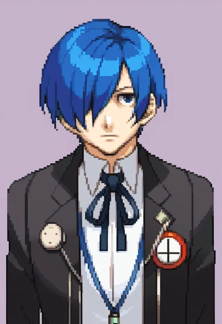 score_9, score_8_up, score_7_up, source_anime, BREAK, solo, 1boy, looking at viewer, <lora:Ace-Attorney-Portraits-pdxl_Fp:1>, portrait, pixel art, simple background, upper body, <lora:MakotoP3-pdxl_Fp:1>, makotop3, school uniform, gekkoukan high, blue hair, blue eyes, short hair, black jacket, hair over one eye, expressionless,