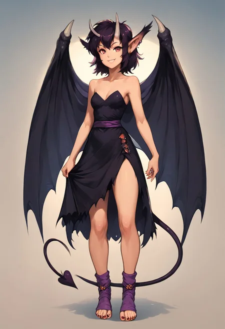 SFW, rating_all, score_10, score_8_up, score_7_up, 1female, (((solo))), Friday, spade tail, demon wings, horns, ear-fluff-tips, sharp toenails, footwear, Friday's dress, IndFri, smile, beautiful, detailed, vector, flat colors