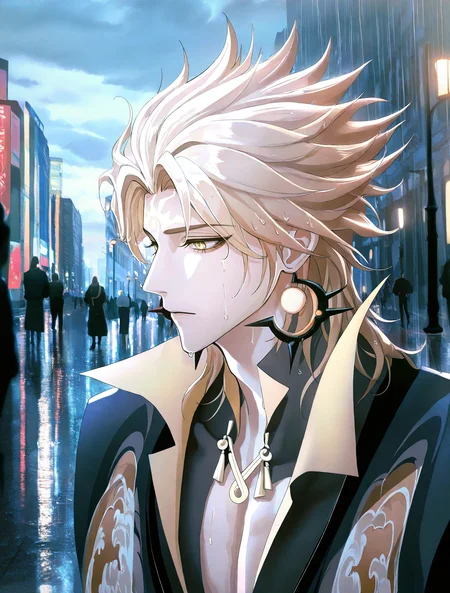 masterpiece,best quality,amazing quality,absurdres,volumetric lighting,very aesthetic,newest,highres,
(solo:1.3),1boy,male,<lora:susanoo_onmyoji-000010:1>,susanoo \(onmyoji\),blonde hair,yellow eyes,male focus,earrings,jewelry,bishounen,spiked hair,
beautiful_detailed_eyes,finely detail,colorful refraction,beautiful,cinematic lighting,<lora:ClearHand-V2:1>,<lora:DetailedEyes_V3:1>,<lora:detailed hand focus style illustriousXL v1:1>,downtown,street,crowd,cityscape,city,road,lamppost,dept,<lora:checkpoint-e18_s378:0.8>,heavy-rain,rain,wet,cloudy,dark,wet clothes,wet hair,<lora:checkpoint-e18_s450:0.8>,circ,