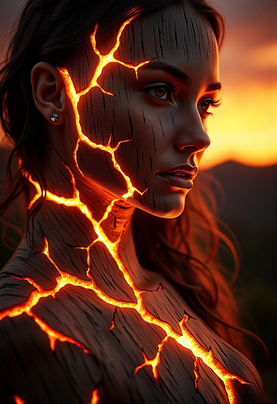 A close-up of a stunning woman whose skin is gently intertwined with glowing wooden textures that cast a soft, delicate glow, her eyes open and piercing, her hair flowing softly|A close-up of a tree with ember-like veins glowing faintly against a fiery twilight sky, with wooden veins flickering softly, glowing subtly in a few sections}|A wide-angle shot of a majestic deer standing in a glowing forest, its antlers subtly adorned with glowing wooden cracks}|A panoramic view of a glowing wooden temple at dusk, with parts of the wooden structure softly glowing, casting gentle light onto the surroundings}|A massive dragon flying over a mountain range at twilight, its scales partially transformed into glowing wooden textures, veins of soft embers flickering across its body|A mythical phoenix rising from glowing wooden ashes, its feathers lightly adorned with glowing wooden patterns, flickering like embers}} Epic cinematic lighting, soft glowing wood textures, subtle embers, dramatic shadows, backlit glow, high contrast, silhouetted figures against light, deep focus, ultra-realistic details, vivid colors, high dynamic range, volumetric lighting, breathtaking scale, photorealism, hyper-sharp focus, intricate details, stunning cinematic atmosphere. , <lora:bv-glowing-wood-v1.safetensors:0.5:0.5>