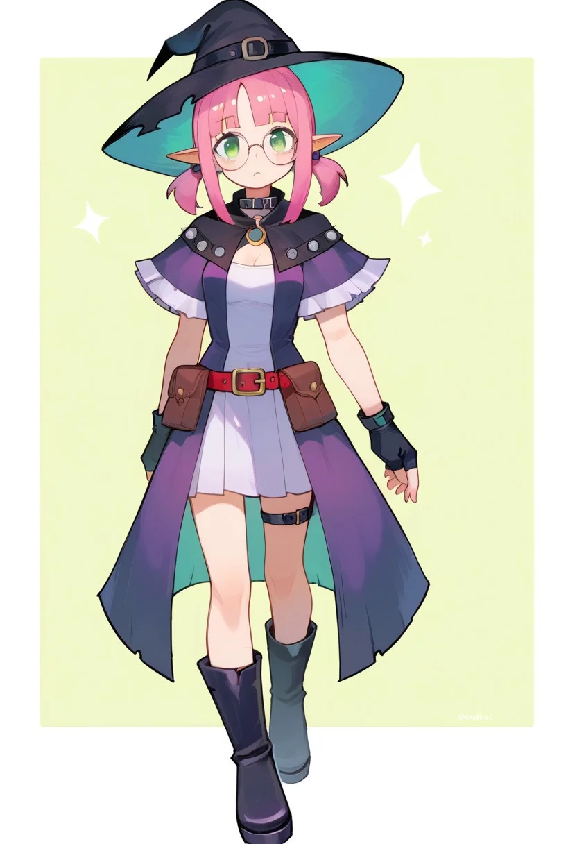 score_9, score_8_up, score_7_up, score_6_up, score_5_up, ARKNIGHTS NOBODY, Full Body, 1girl, solo, ((pink hair), very short hair, short twin low ponytails, twin low ponytails), elf ears, round glasses, green eyes, young girl, slim build, exposed legs, light skin, mage outfit, purple witch hat, dark violet corset, ((bodysuit, fingerless gloves, purple accents in outfit)), purple low boots, leather mid-calf boots, feathered collar, belt with pouches, belt with buckles, witch hat, vest, red belt, purple boots, short boots, center opening, thigh strap, pouches, necklace, pendant, chest harness, tattered cape, cape with tattered edges, witchxl,
