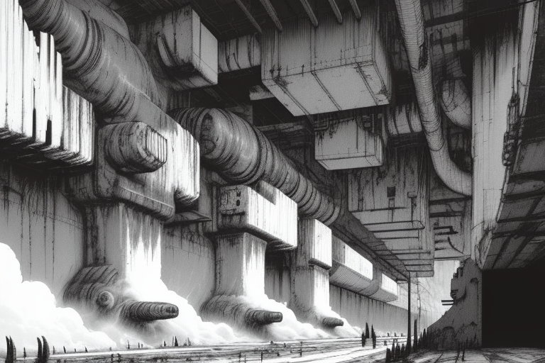 cyberpunk brutalist buildings, detailed background, vast, gigantic, decrepit scenery, covered in large tubes and cables, dim light, ((heavy black and white)), <lora:Blame!:1>
