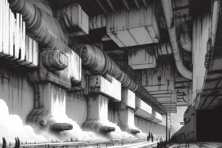 cyberpunk brutalist buildings, detailed background, vast, gigantic, decrepit scenery, covered in large tubes and cables, dim light, ((heavy black and white)), <lora:Blame!:1>