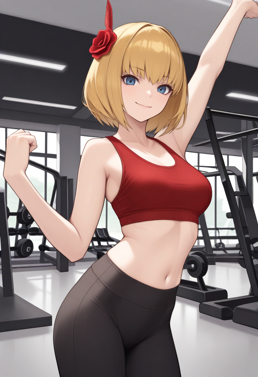 masterpiece, best quality, 1girl, solo, looking at viewer, cowboy shot, smile, gym, stretching
red sports bra, black yoga pants
 <lora:zs_ChizuruILLU:1> chizurusmt, blonde hair, short hair, blue eyes, red hair ornament,