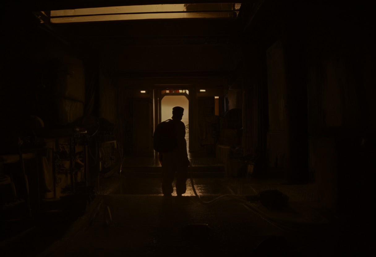 score_9, score_8_up, score_7_up, score_6_up, score_5_up, score_4_up, a fireman is standing on the deck of a boat at night with a hose attached to his back, solo, 1boy, standing, male focus, bag, from behind, backpack, helmet, cable, industrial pipe, Industrial_Futurism,