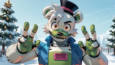 <lora:saucebear_ponyxl-10v1.2:1.7> score_9_up, score_8_up, score_7_up, source_furry, source_cartoon, outside, saucebear, bear ears, large canines, perfect canines, sabertooth, deep blue mini top hat, orange eyes, detailed eyes, green phalanges, four fingers, (((four fingers))), greenish-white body:1.2, (green color front, gray neck, metallic neck:1.5), wearing blue vest, loose vest, thin neck, solo, (looking at viewer), handsome face, handsome pose, perfect body, (detailed hands), toony hands, toony body, zPDXL2, detailed hat, male focus, nice background, (flat chest), fluffy head:0.8, BREAK, winter scene, christmas tree, christmas scene
<lora:big_eyes_v1:1.0> <lora:zy_Detailed_Backgrounds_v1:0.3>