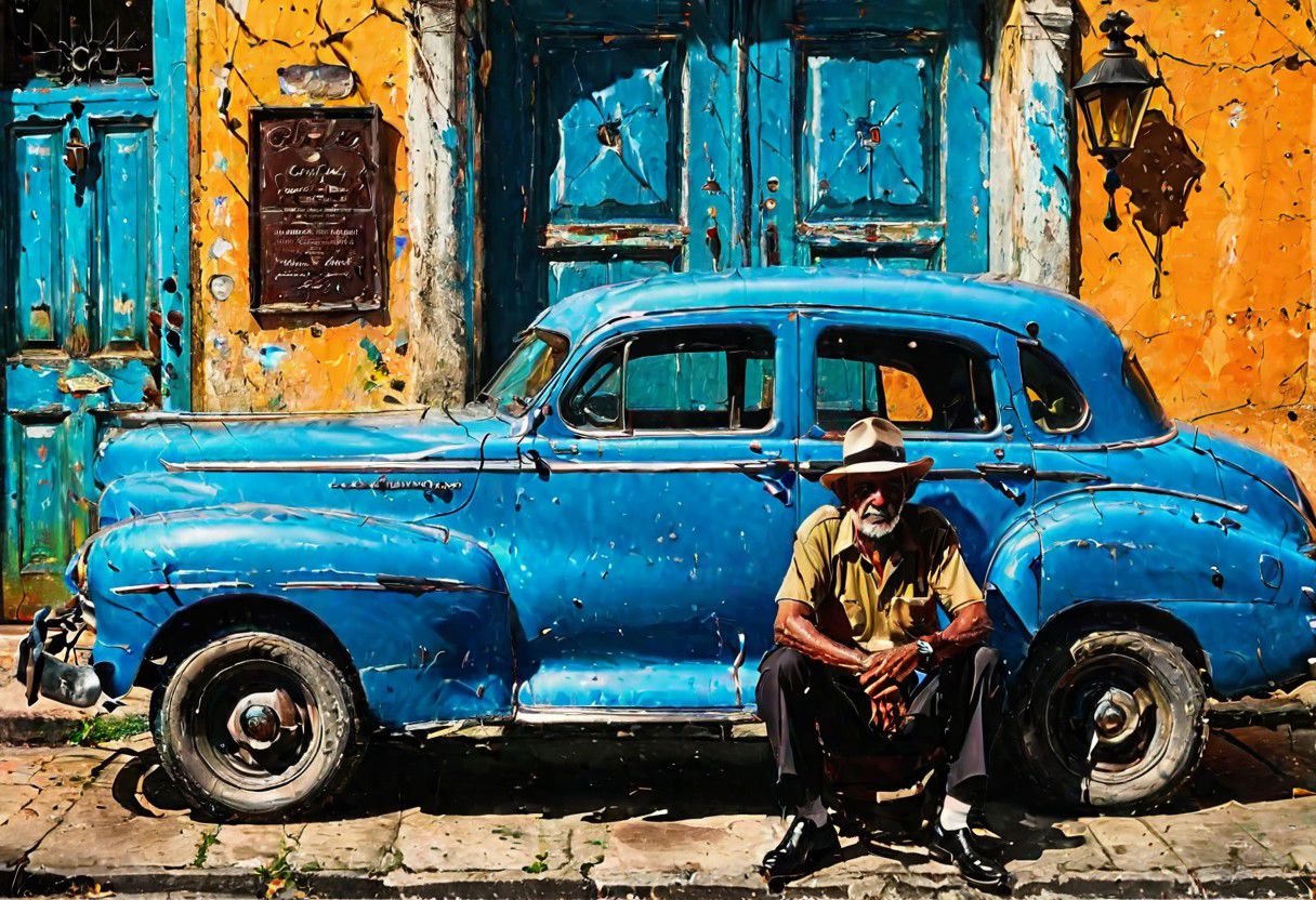 professional portrait of an elderly cuban man, sitting on a doorstep, next to an old 1940 american car, extreme detail, realistic photography, rich colors, shadows, reflections, strong contrast, fair brightness, f/12, maximum resolution