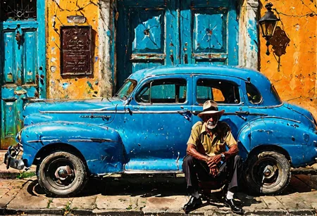 professional portrait of an elderly cuban man, sitting on a doorstep, next to an old 1940 american car, extreme detail, realistic photography, rich colors, shadows, reflections, strong contrast, fair brightness, f/12, maximum resolution