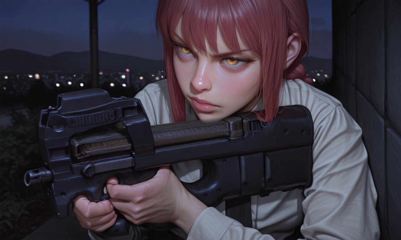 embedding:IllusP0s, p90, aiming submachine gun, bullpup, makima, outdoors, night, 1girl, solo, determined, white shirt, black tie, realistic, artist:moriimee<lora:MoriiMee_Gothic_Niji_Style_Illustrious_r1.safetensors:0.85:0.85> <lora:p90_ill.safetensors:1.0:1.0>