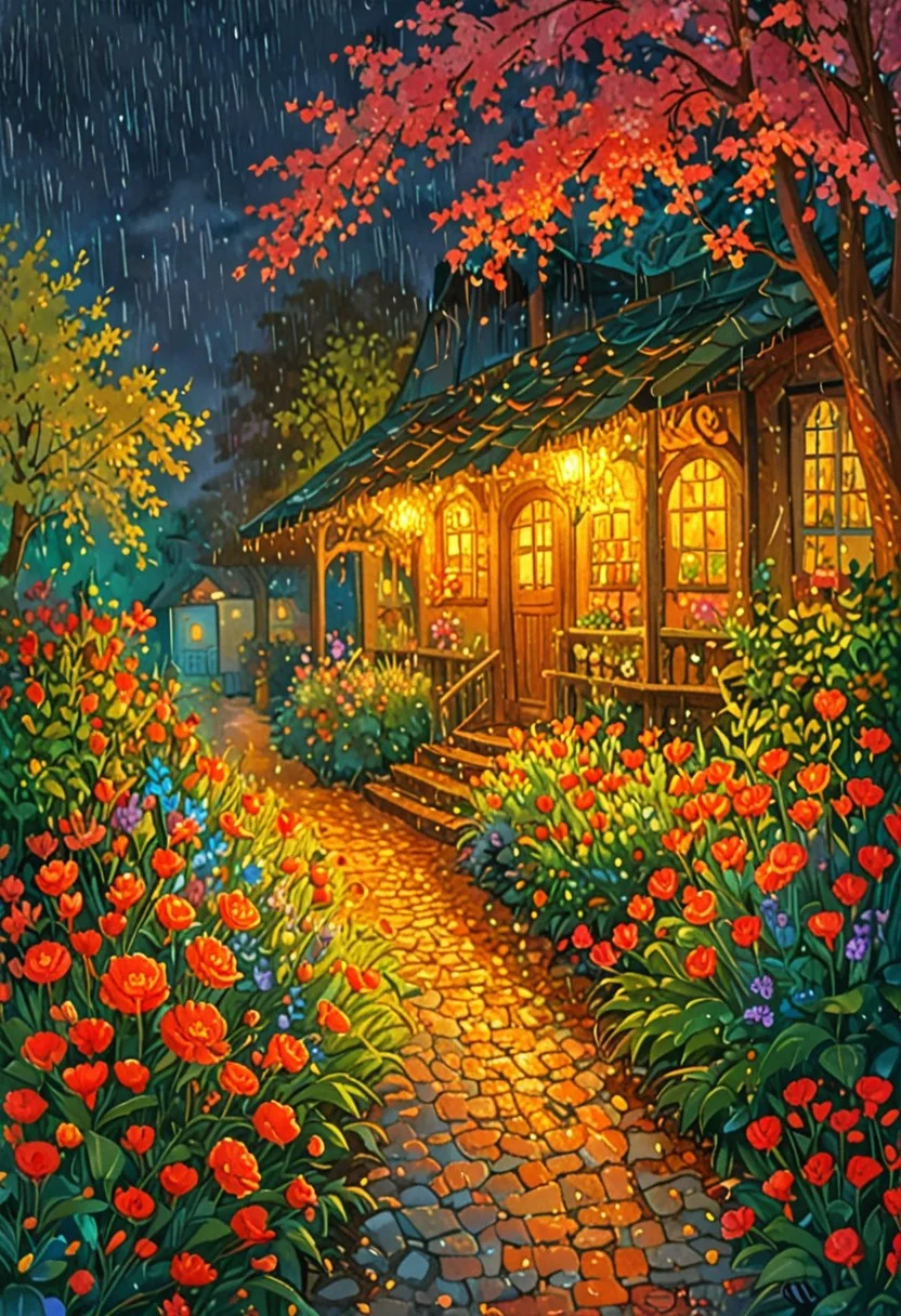 novuschroma32 style, Victorian garden night, rain, a beautiful painting, digital art, overdetailed art, concept art, detailed illustration, hd, 4k, digital art, saturated colors