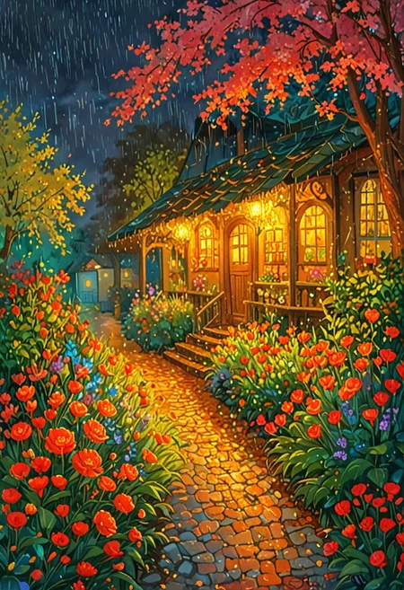 novuschroma32 style, Victorian garden night, rain, a beautiful painting, digital art, overdetailed art, concept art, detailed illustration, hd, 4k, digital art, saturated colors