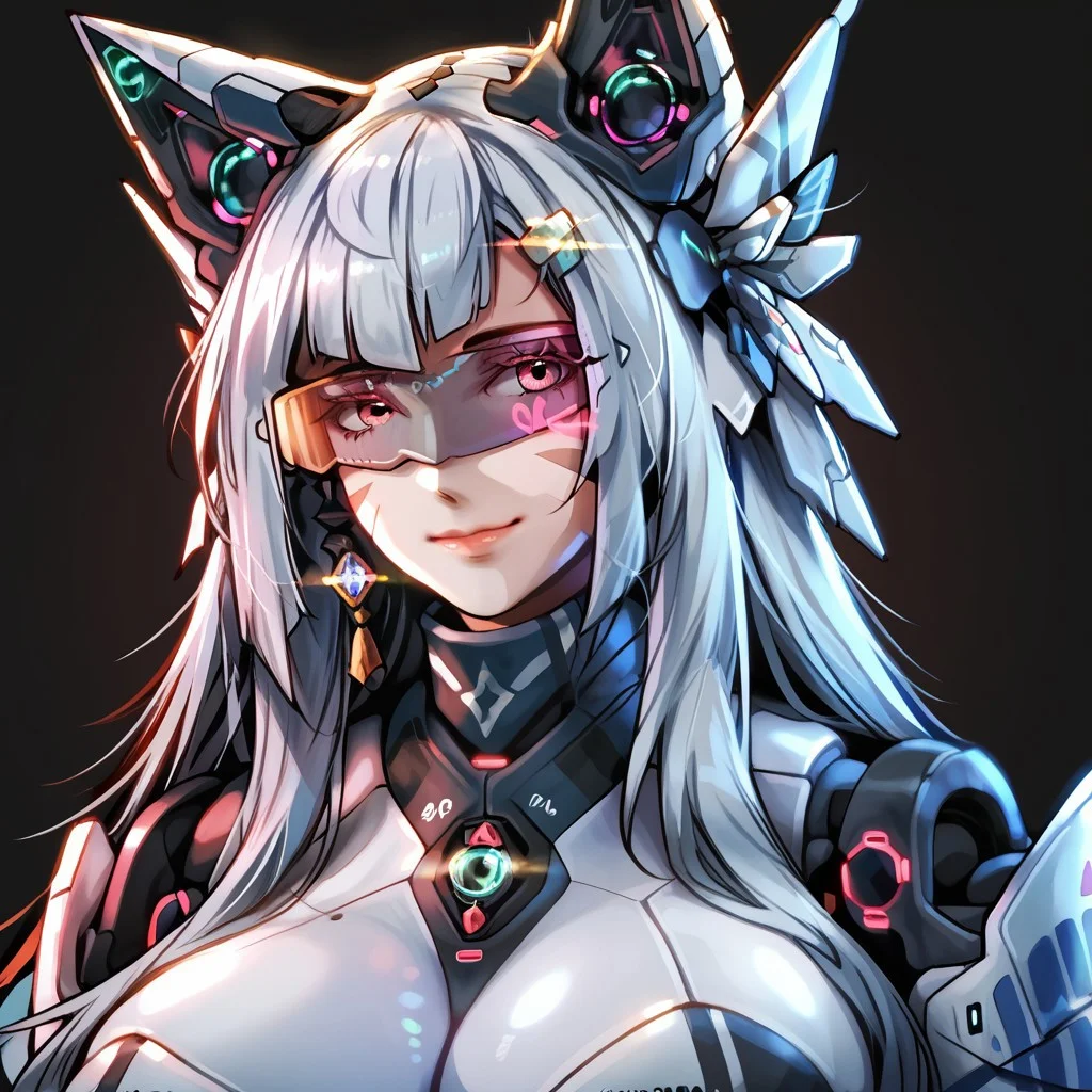 uaf-character, |||, simple background, uaf_red_blue_ilumination, android, visor, robot, smile, breasts, uaf_neuko, 1girl, uaf-portrait, helmet, glowing, whisker markings, silver hair ornament, upper body, black background, card, uaf_redblue_backlight, solo, facial mark, animal ears, 80swa, Expressiveh, score_9,score_8_up,score_7_up,  8k, hd , ultra realistic, hyper realistic, detailed face, natural huge breasts, beautiful woman's face, <LoRA: uafPortraits-000110>, <LoRA: uaf Wt: 1>, pureerosface_v1, (PureErosFace_V1:0.8)