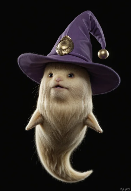 masterpiece, best quality, amazing quality, rendering, photorealistic, Realism, black background, powaso, no humans, 1other, purple wizard hat, ghost tail, floating, Rendering, zbrush Rendering