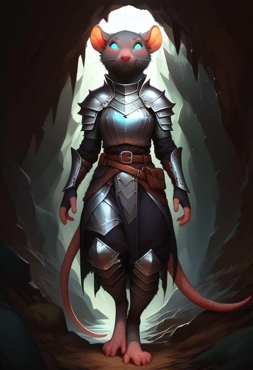 score_9, score_8_up, score_7_up, score_6_up, 1 anthro skaven girl, sexy face, wearing knight female armor, wearing helmet, sword in hand, cute face, blue eyes, hazel red eyes, shy, nose blush, medium boobs, chest up, grey fur, bald, fullbody, smirking, (dark green glowing cave background), front view, full body view, distance