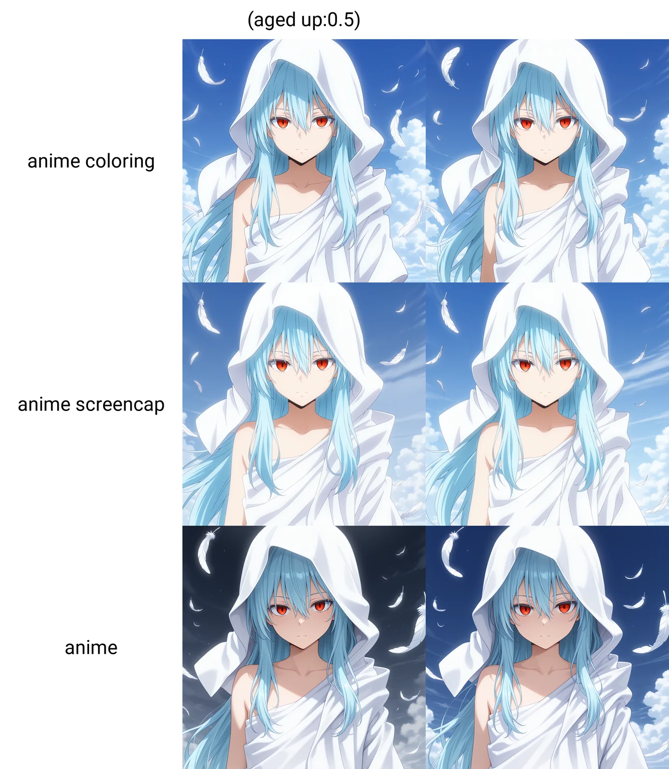 masterpiece, amazing quality, colorful, anime coloring, <lora:raphael-v1-000009:1> ts-raphael, 1other, white hooded_robe, right bare shoulder, red eyes, falling feathers, (aged up:0.5), androgynous,