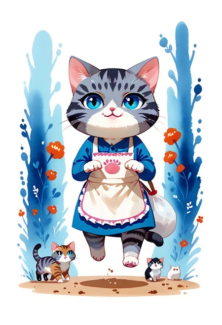 score_7_up, score_8_up, score_9, (full body:1.15), cat, animal kitten, chibi animal cat, Kus1cat, Chibi Art Style, furr,
cute cat, game character, very cute, chef, watercolor style,
(gray striped cat with an apron running with a sack of flour:1.21),
(detailed background:1.23), HQ,