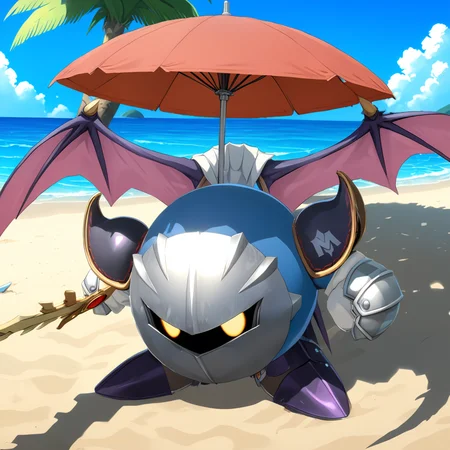 MetaknightXL, standing on beach under parasol, sword, wings, mask, eyes <lora:MetaknightXL:1>, (anime, masterpiece, intricate:1.3), (best quality, hires textures, high detail:1.2), (4k),(incredibly detailed:1.4),UHD, 8K, ultra detailed