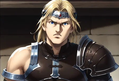 score_9, score_8_up, score_7_up, detailed background, cromartie, 1 boy, shade face, cromartie, simon belmont, simonbel, leather armor, jeweled headband, stylized brown breastplate, shoulder length blonde hair, solo