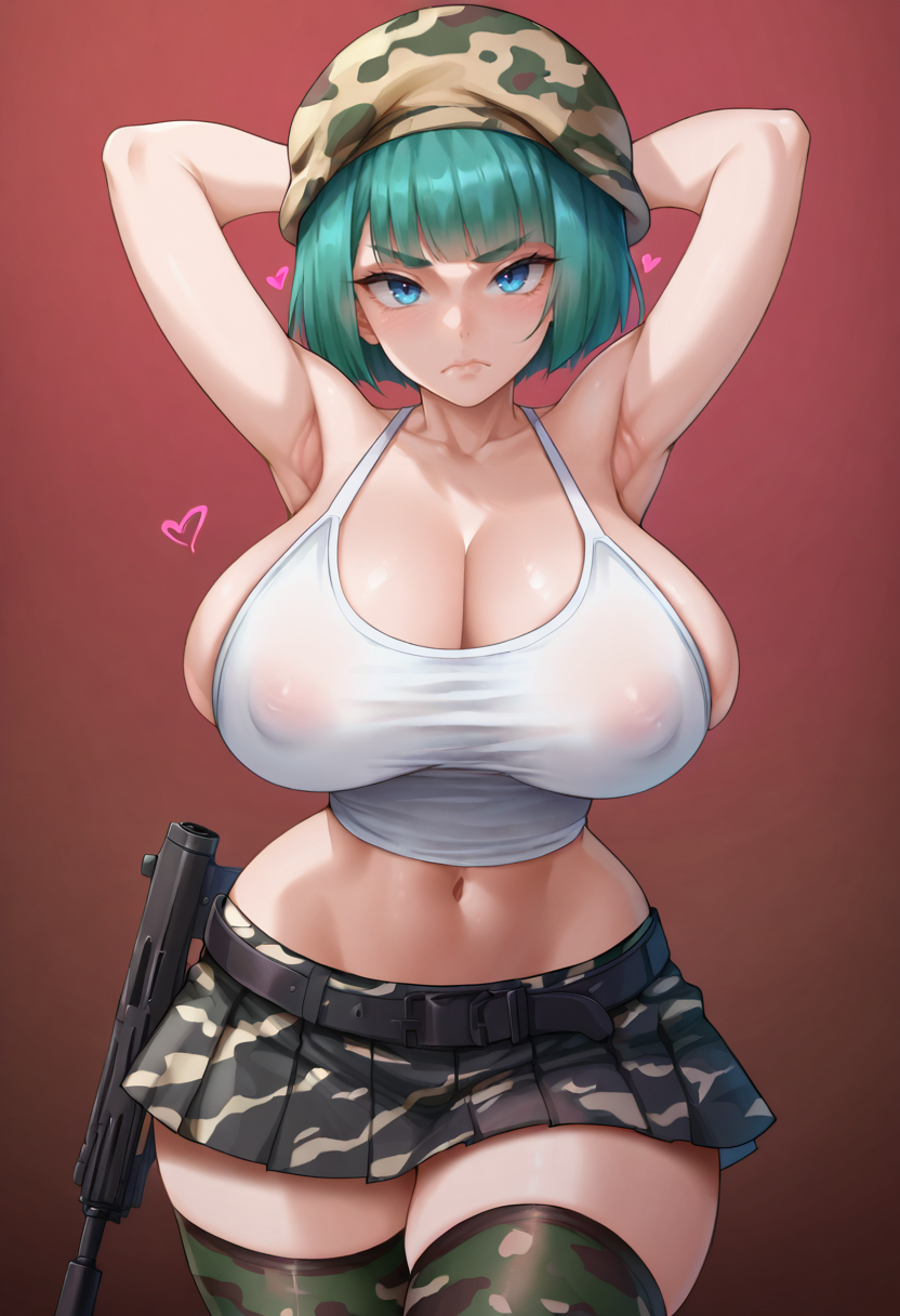 score_9, score_7_up,  1girl, 
huge breasts, wide hips, thick thighs, thick eyebrows, holding gun, very short hair, looking at viewer, thighs, holding, heart print, v-shaped eyebrows, weapon, white camisole, solo, blue eyes, alternate breast size, navel, eyelashes, green hair, black skirt, covered nipples, camouflage hairband, collarbone, camouflage, camouflage headwear, black belt, belt, bare arms, midriff peek, blunt ends, short hair, heart, camouflage skirt, gun, cowboy shot, arms up, armpits, holding weapon, closed mouth, cleavage, camouflage thighhighs, red background, miniskirt, skirt, frown, breasts, sideboob, camouflage belt, standing, head tilt, camouflage shirt, shiny skin, camouflage paint, shirt, hairband, rifle, blunt bangs, zettai ryouiki, thighhighs, pleated skirt, lips, arms behind head
 <lora:achromaru-Style-PonyXL-GLoRA-000049:1>