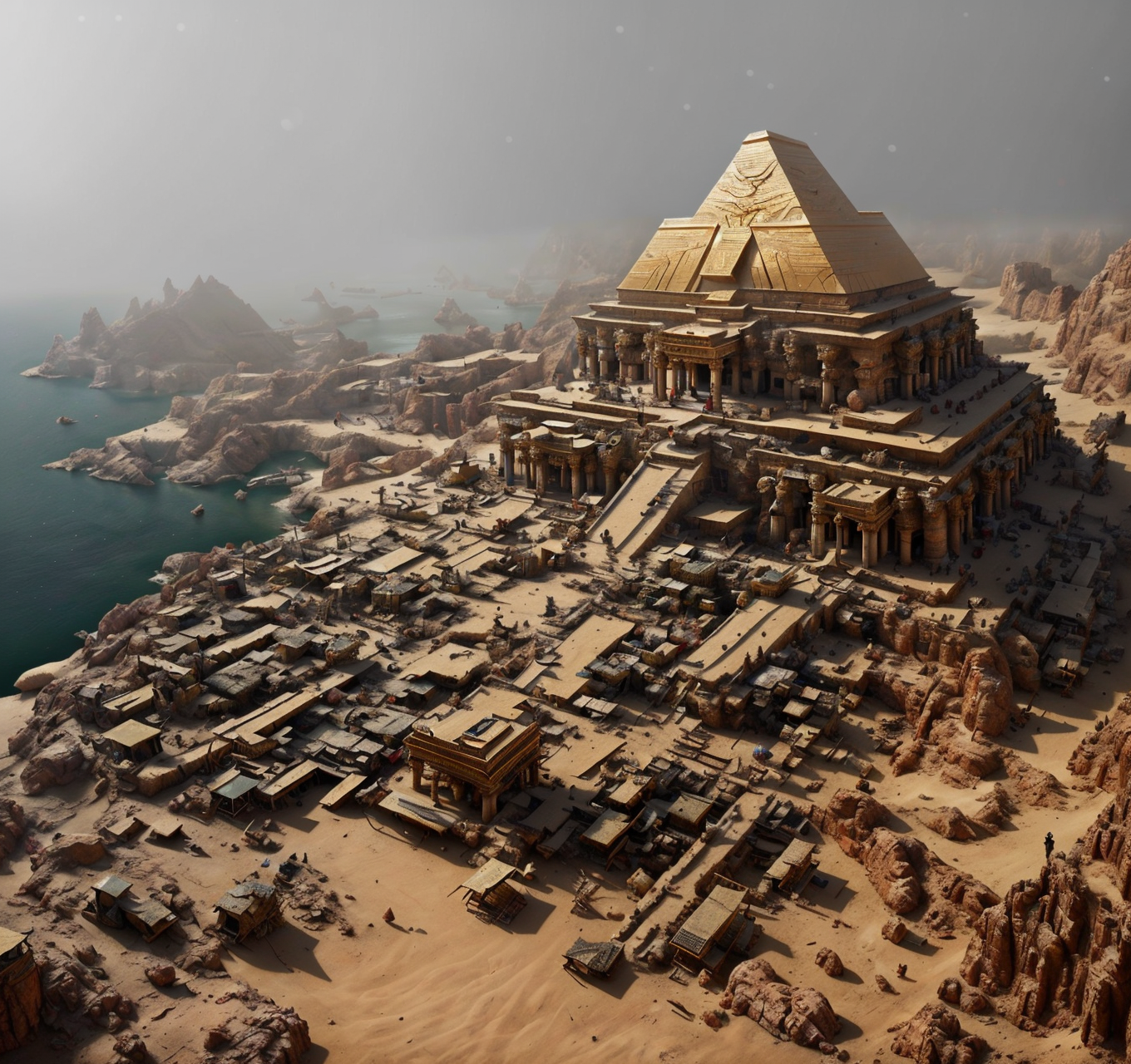 RAW photo, (masterpiece:1.3), subsurface scattering, heavy shadow, (high quality:1.4), (intricate, high detail:1.2), professional photography, HDR, High Dynamic Range, realistic, ultra realistic, photorealistic, high resolution, film photography, ambient lighting, atmospheric effects, <lora:detail_slider_v4:2>, OverallDetail,  (DarkFantasy), Khemi is Stygia's greatest port, located on the southern shore of the River Styx where it meets the Western Sea. Khemi's importance and power comes from its many priests and temples of Set, the evil god. The city is rimmed by a giant black wall, <lora:Stygia-10:1>, epiCPhoto