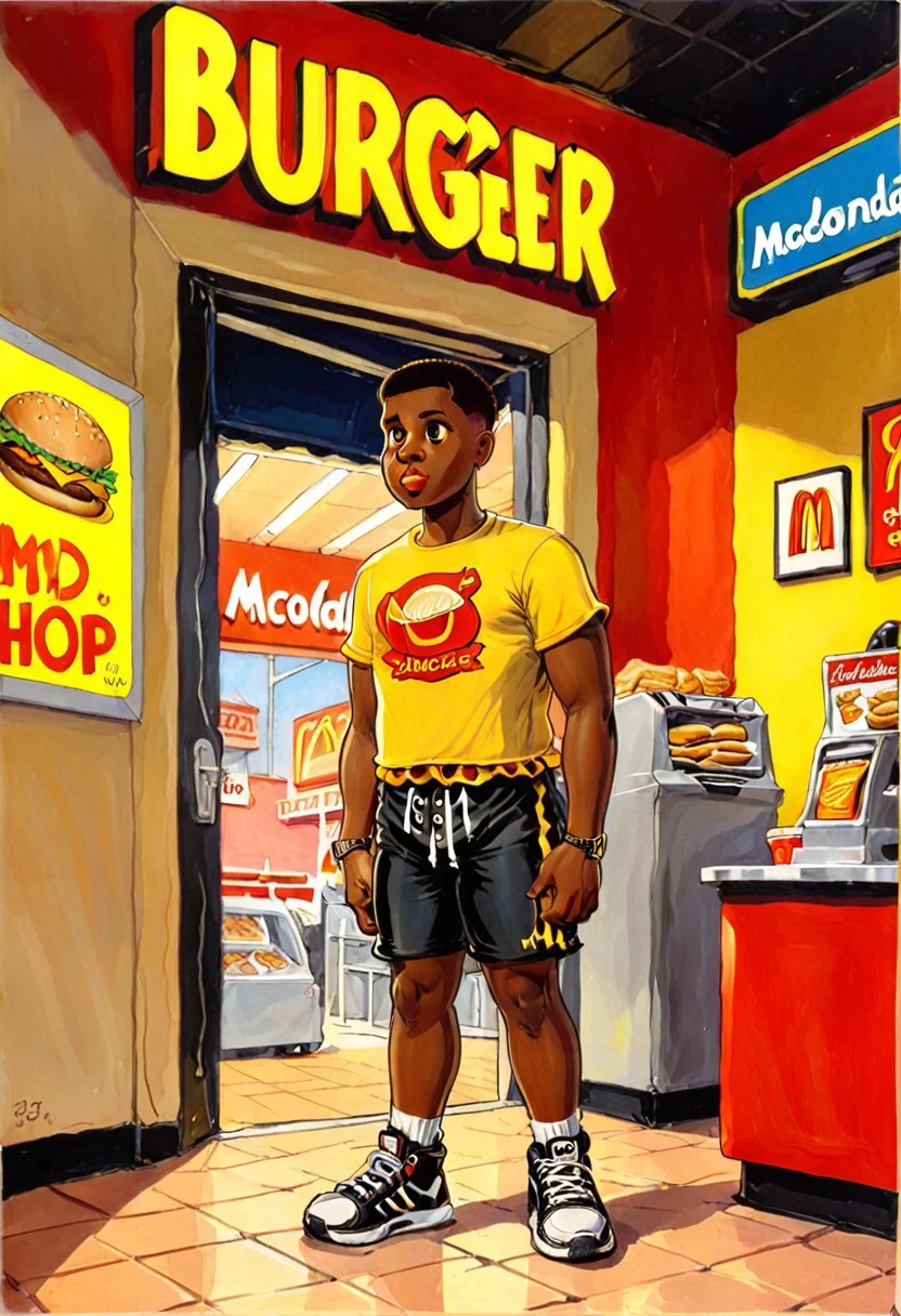 In a **Vintage comic book with title text: "English Or Spanish?"**, a short, overweight Black boy stands inside a McDonald’s burger shop, facing right. His nearly bald hairstyle reflects the fluorescent lights of the fast-food joint. He wears an oversized yellow t-shirt, draping loosely over his frame, paired with black shorts and sneakers. His expression is sharp and playful, giving a side-eye glance toward the viewer, adding a cheeky vibe. The **vintage comic book** aesthetic captures the classic McDonald's setting, with bold lines and a warm color palette. The HW_corset-style shading accentuates his figure, blending the nostalgic comic style with the casual atmosphere of the burger shop, bringing a dynamic contrast to the scene.