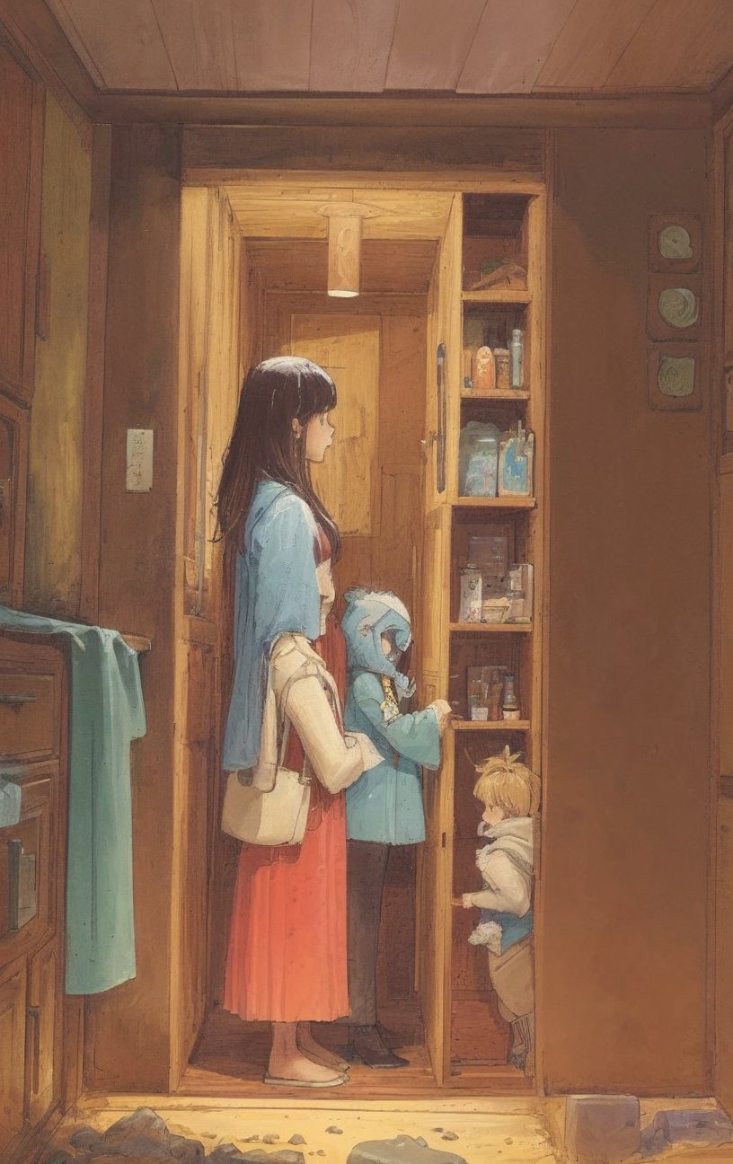 artwork <lora:Moebius:1>, Medium Wide Shot of a family, time-travel scenarios, trail,wetland,cupboard