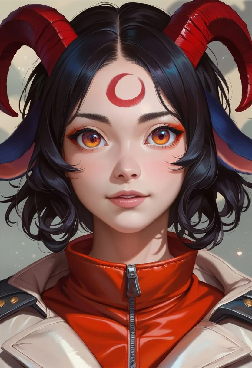 Aluki, 1 girl, solo, jet black hair, orange eyes, short black goat ears only, red goat horns, medium hair, orange eyes, red eyes, multicolor eyes, blue eyeliner, no human ears, 2 red wing, only moon mark on forehead, no wings on the head,only red wings on the back,1 whisker black marks, highly detailed , score_9, score_8_up, score_7_up, score_6_up, coat white, bonk