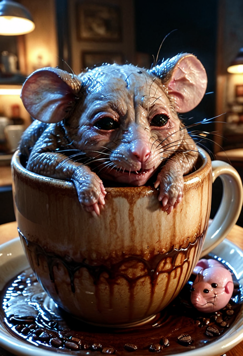 masterpiece, 4k, intricate details, highly-detailed, hyper-realistic. best lighting, horror theme,
bm0v13 A mouse sleeping in a coffee cup ,
 <lora:bmovie-horror-SDXL:1.2>