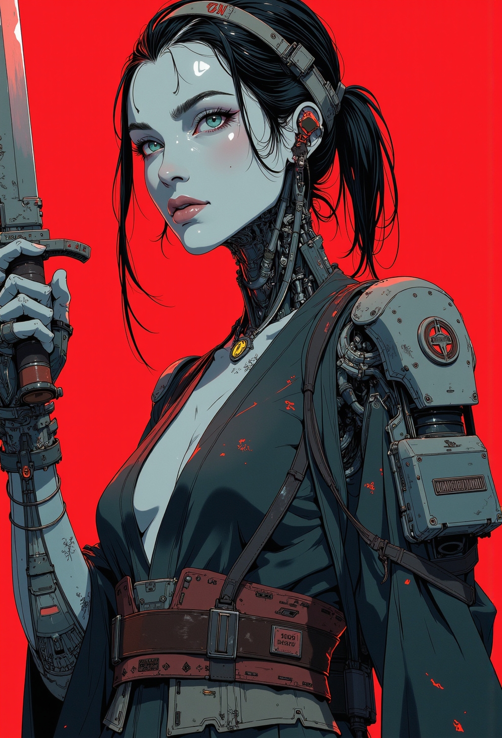 <lora:ck-nc-luminal-genesis:1>, close-up shot of a dressed in futuristic hard surfaced dark sci-fi, slightly oval cross section look, battle scratched armor, a kimono, mysterious white skin mexican wabi-sabi mercenary battle droid humanoid woman with a lot of mechanical parts looking at the viewer, wielding a combat knife, 1800'S, - Bosmer hybrid, Scribe, equirectangular 360, Flirty expression, Romantic, whimsical, Fast Shutter Speed, Lomography Color 100, red and black palette, highly detailed Mayhem style , background bizarre techno ghetto transmission, style minimalist, conceptual art posing Japanese, conceptual, illustration, cinematic, photo epic action, cinematic, award winning artwork, many details, patterned illumination, bad VHS tape image artifacts, anime style, key visual, vibrant, studio anime,
<lora:Anime v1.3:0.2>
<lora:CPA:0.4>